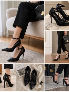 BCBGeneration Heels Women 7.5 Black Mesh Pointed Toe Ankle Strap Stiletto Pumps